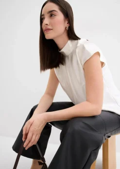 bonprix Bekleidung·Jacken & Mäntel|Blusen & Tuniken|Satin Blusentop mit halbhohem Kragen perlweiß