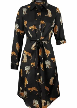 bonprix Bekleidung·Pullover & Strickjacken|Kleider|Satin Hemdblusenkleid schwarz leo bedruckt