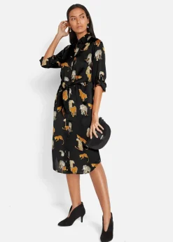 bonprix Bekleidung·Pullover & Strickjacken|Kleider|Satin Hemdblusenkleid schwarz leo bedruckt
