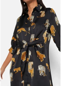 bonprix Bekleidung·Pullover & Strickjacken|Kleider|Satin Hemdblusenkleid schwarz leo bedruckt