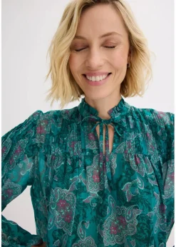 bonprix Bekleidung·Jacken & Mäntel|Blusen & Tuniken|Satin Tunika mit Biesen dunkelsmaragd/dunkelfuchsia paisley
