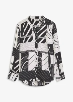 bonprix Bekleidung·Jacken & Mäntel|Blusen & Tuniken|Satinbluse schwarz/wollweiß graphisch bedruckt