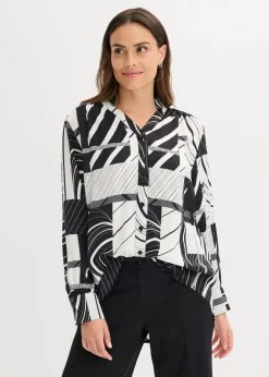 bonprix Bekleidung·Jacken & Mäntel|Blusen & Tuniken|Satinbluse schwarz/wollweiß graphisch bedruckt