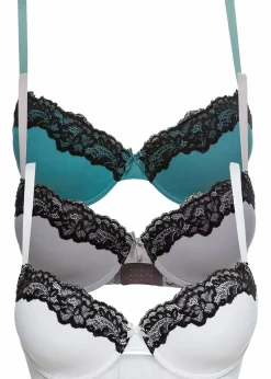 bonprix Große Cups D-H|Nachhaltigere Materialien|Schalen BH (3er Pack) weiß/schwarz + schwarz/mauve + schwarz/mattkobalttürkis