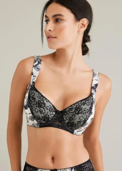 bonprix Wäsche·Dessous|Wäsche·Große Cups D-H|Schalen BH mit Bügel und glänzendem Material naturbeige/schwarz geblümt