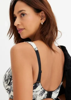 bonprix Wäsche·Dessous|Wäsche·Große Cups D-H|Schalen BH mit Bügel und glänzendem Material naturbeige/schwarz geblümt