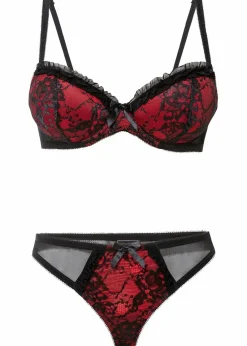 bonprix Große Cups D-H|Bhs|Schalen BH mit Bügel+String (2-tlg.Set) schwarz/rot