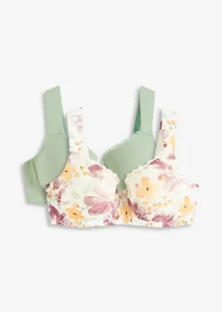 bonprix Wäsche·Baumwollunterwäsche|Wäsche·Große Cups D-H|Schalen-BH mit Bügel mit Bio-Baumwolle (2er Pack) wollweiß geblümt + hellschilf
