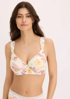 bonprix Wäsche·Baumwollunterwäsche|Wäsche·Große Cups D-H|Schalen-BH mit Bügel mit Bio-Baumwolle (2er Pack) wollweiß geblümt + hellschilf