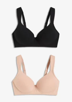 bonprix Wäsche·Baumwollunterwäsche|Wäsche·Große Cups D-H|Schalen-BH ohne Bügel mit Bio-Baumwolle (2er Pack) schwarz + mattbeige