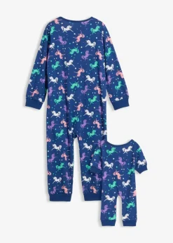 bonprix Mädchen·Nachtwäsche|Schlafoverall aus reiner Bio-Baumwolle mit Puppenoverall (2-tlg. Set) enzianblau