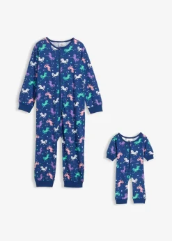 bonprix Mädchen·Nachtwäsche|Schlafoverall aus reiner Bio-Baumwolle mit Puppenoverall (2-tlg. Set) enzianblau