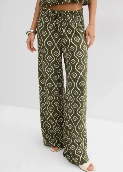 bonprix Bekleidung·Kleider|Hosen|Schlupfhose aus fließender Viskose dunkeloliv bedruckt