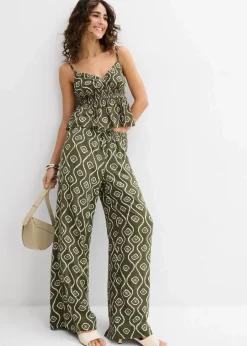 bonprix Bekleidung·Kleider|Hosen|Schlupfhose aus fließender Viskose dunkeloliv bedruckt