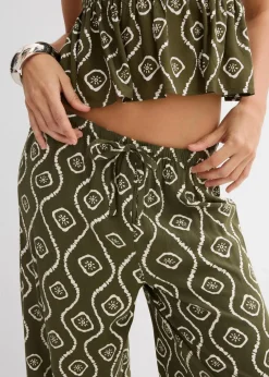 bonprix Bekleidung·Kleider|Hosen|Schlupfhose aus fließender Viskose dunkeloliv bedruckt