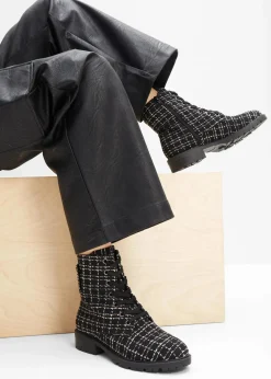 bonprix Boots|Schnürboots in Bouclé-Optik schwarz/weiß