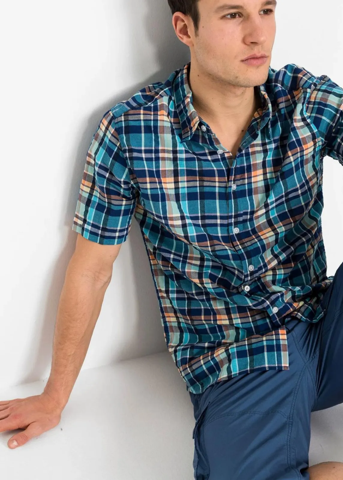 bonprix Große Größen|Hemden|Seersucker-Kurzarmhemd aus reiner Baumwolle blau kariert