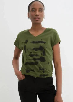 bonprix Shirts & Tops|Shirt dunkelkhaki/schwarz bedruckt