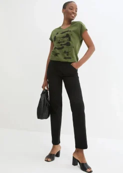 bonprix Shirts & Tops|Shirt dunkelkhaki/schwarz bedruckt