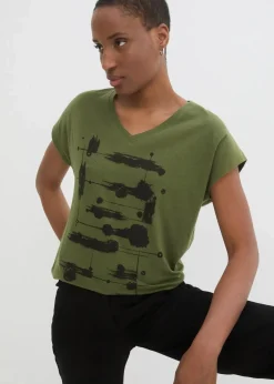bonprix Shirts & Tops|Shirt dunkelkhaki/schwarz bedruckt