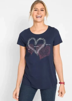 bonprix Nachhaltigere Materialien|Shirts & Tops|Shirt mit Herzdruck aus Bio-Baumwolle dunkelblau bedruckt