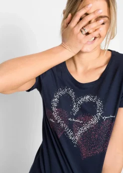 bonprix Nachhaltigere Materialien|Shirts & Tops|Shirt mit Herzdruck aus Bio-Baumwolle dunkelblau bedruckt