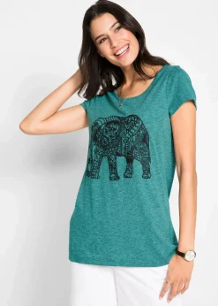 bonprix Shirts & Tops|Nachhaltigere Materialien|Shirt mit platziertem Print aus Bio-Baumwolle, kurzarm kobalttürkis/schwarz