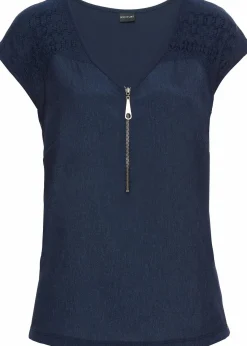 bonprix Shirts & Tops|Nachhaltigere Materialien|Shirt mit Spitzeneinsatz dunkelblau