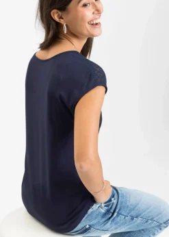 bonprix Shirts & Tops|Nachhaltigere Materialien|Shirt mit Spitzeneinsatz dunkelblau