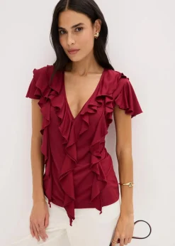 bonprix Shirts & Tops|Shirt mit Volants aus softem Modal-Mix pflaumenrot