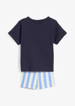 bonprix Hosen & Leggings|Shirts & Pullover|Shirt und kurze Hose aus reiner Bio-Baumwolle (2-tlg.Set) dunkelblau bedruckt+mittelblau+naturbeige gestreift