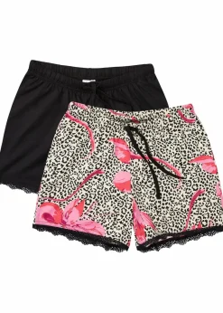 bonprix Wäsche·Nachtwäsche|Nachtwäsche|Shorts (2er Pack) mit zarter Spitze schwarz+hibiskuspink gemustert