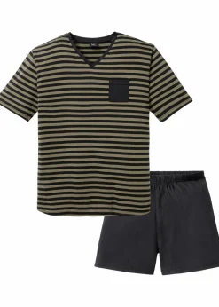bonprix Pyjamas|Große Größen|Shorty schwarz+dunkeloliv gestreift