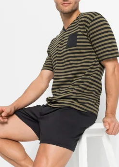 bonprix Pyjamas|Große Größen|Shorty schwarz+dunkeloliv gestreift