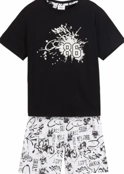 bonprix Jungen·Nachtwäsche|Shorty aus reiner Baumwolle (2-tlg. Set) weiß/schwarz bedruckt