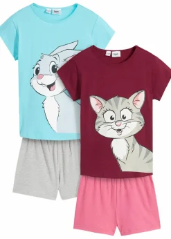 bonprix Mehrfachpacks|Mädchen·Nachtwäsche|Shorty mit weicher Baumwolle (2er Pack) aqua/beere/hellgrau meliert/rosa bedruckt