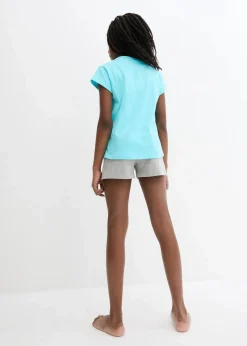 bonprix Mehrfachpacks|Mädchen·Nachtwäsche|Shorty mit weicher Baumwolle (2er Pack) aqua/beere/hellgrau meliert/rosa bedruckt