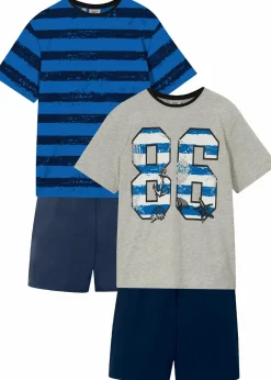 bonprix Jungen·Nachtwäsche|Shorty mit weicher Baumwolle (4-tlg. Set) blau gestreift/dunkelblau + grau meliert bedruckt/schwarz