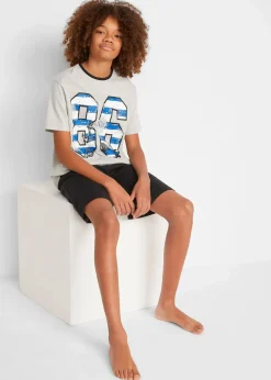 bonprix Jungen·Nachtwäsche|Shorty mit weicher Baumwolle (4-tlg. Set) blau gestreift/dunkelblau + grau meliert bedruckt/schwarz
