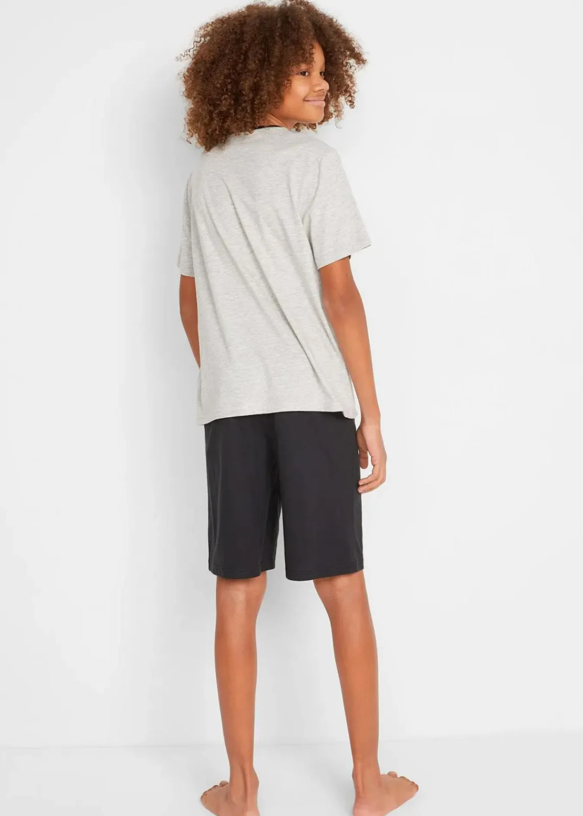 bonprix Jungen·Nachtwäsche|Shorty mit weicher Baumwolle (4-tlg. Set) blau gestreift/dunkelblau + grau meliert bedruckt/schwarz