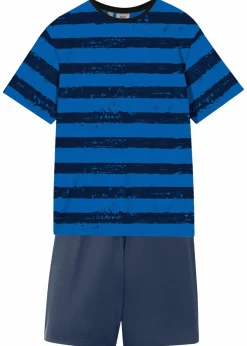 bonprix Jungen·Nachtwäsche|Shorty mit weicher Baumwolle (4-tlg. Set) blau gestreift/dunkelblau + grau meliert bedruckt/schwarz