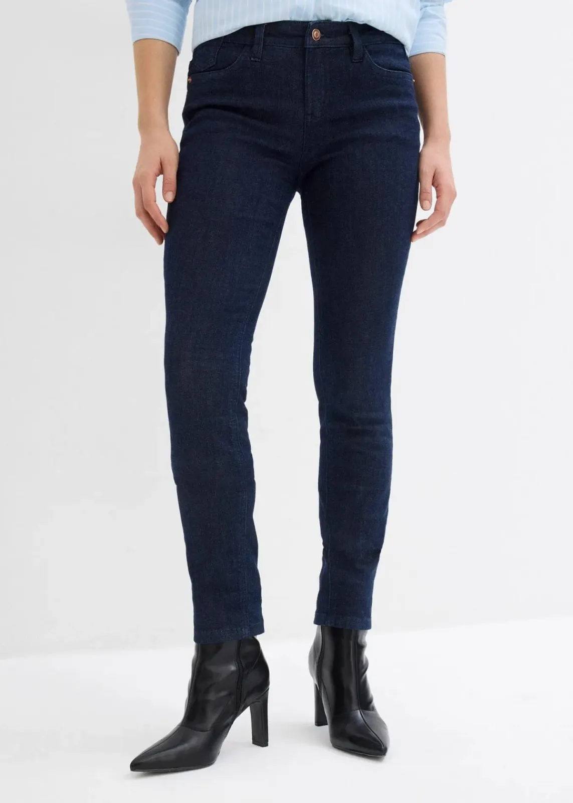 bonprix Jeans|Kurzgrößen|Skinny Jeans Mid Waist, Bio Baumwolle tiefblau denim ungewaschen