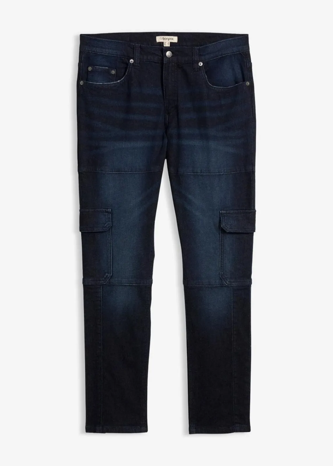 bonprix Jeans|Große Größen|Slim Fit Cargo-Stretch-Jeans, Straight dunkelblau denim used