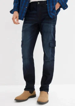 bonprix Jeans|Große Größen|Slim Fit Cargo-Stretch-Jeans, Straight dunkelblau denim used