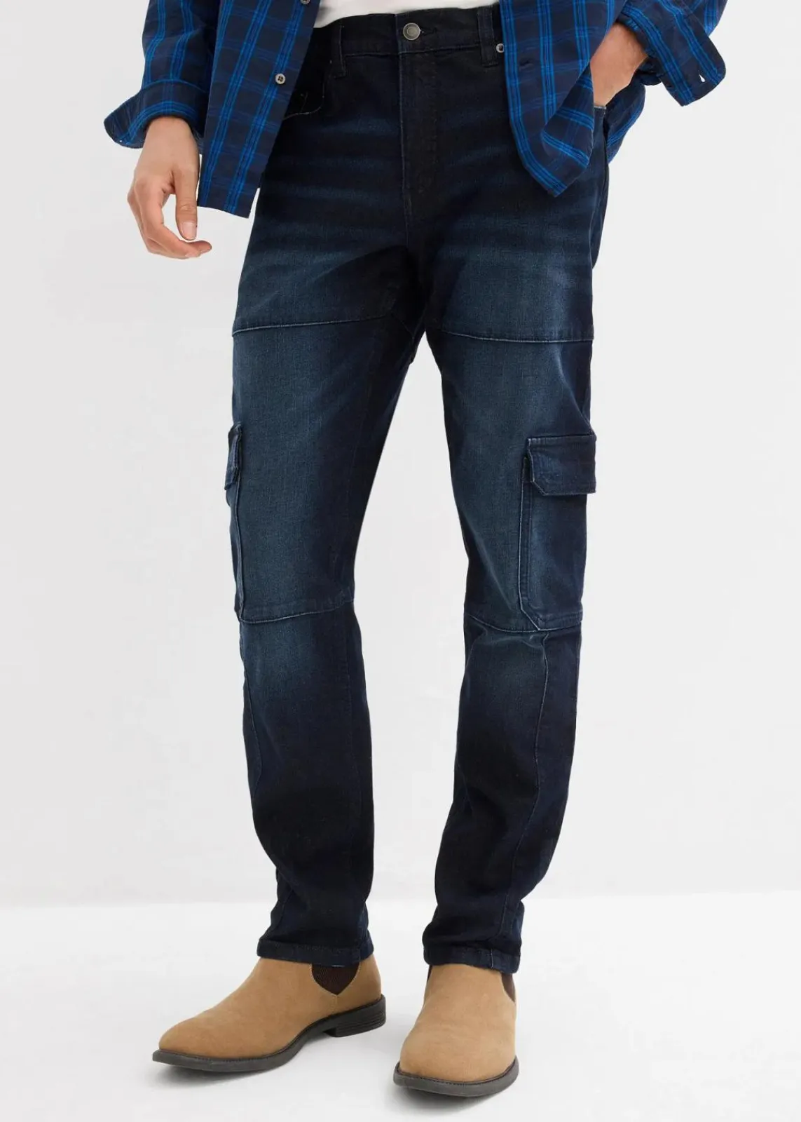 bonprix Jeans|Große Größen|Slim Fit Cargo-Stretch-Jeans, Straight dunkelblau denim used