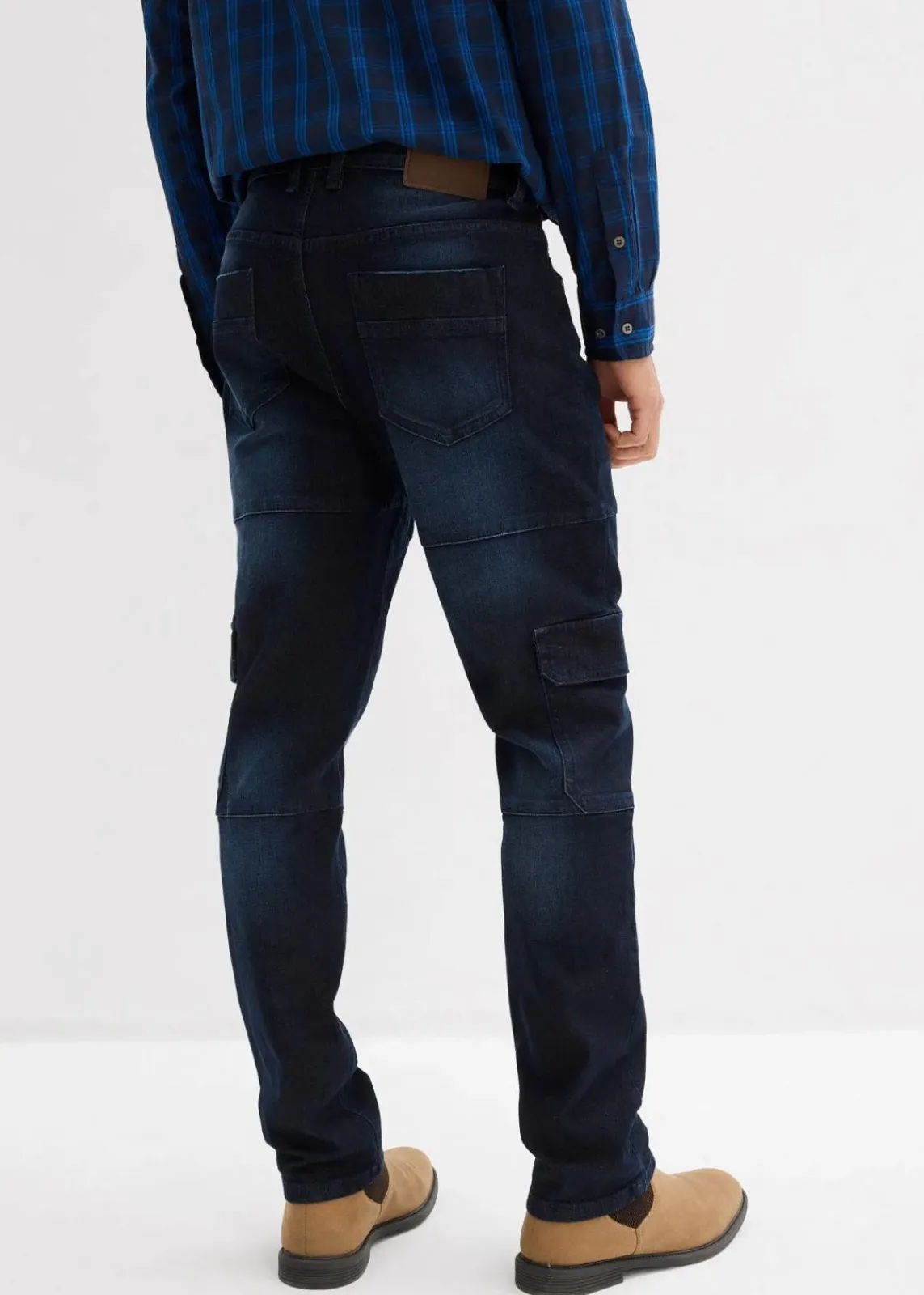bonprix Jeans|Große Größen|Slim Fit Cargo-Stretch-Jeans, Straight dunkelblau denim used
