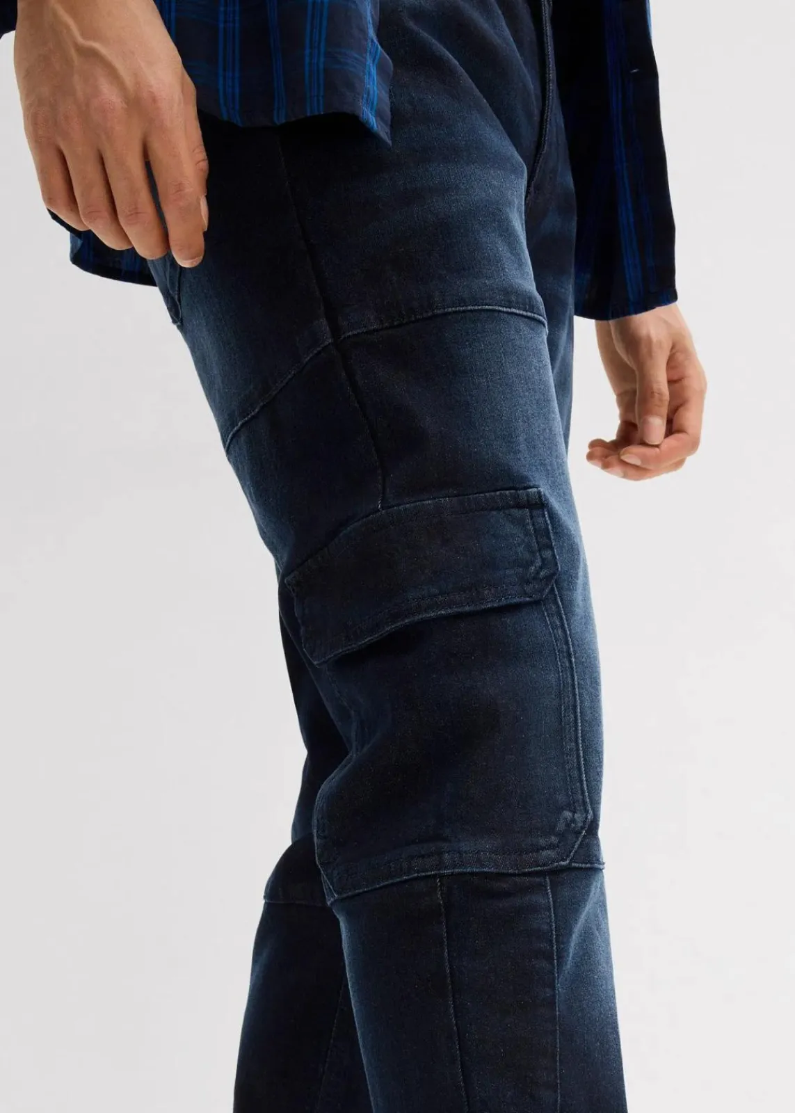 bonprix Jeans|Große Größen|Slim Fit Cargo-Stretch-Jeans, Straight dunkelblau denim used