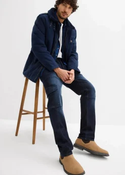 bonprix Jeans|Große Größen|Slim Fit Cargo-Stretch-Jeans, Straight dunkelblau denim used