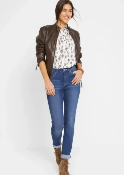 bonprix Kurzgrößen|Bekleidung·Shirts & Tops|Slim Jeans Mid Waist, Stretch blau used