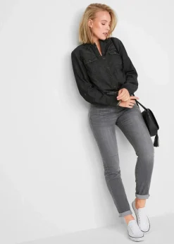 bonprix Jeans|Kurzgrößen|Slim-Fit-Jeans High Waist, Komfort-Stretch grau denim used